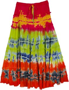 A bodied and breezy exotic summer skirt is exactly what you need for the season! With its vibrant summer tones of orange, green, and blue, it is sure to bring charm to your look.  The skirt is in tie-dye pattern and has an elastic waist for ease of comfort. #tlb #TieredSkirt #vacationclothing #beachwrap #TieDye #TieDyeSkirt #ColorfulSkirt Bohemian Cotton Skirt For Beach Season, Summer Bohemian Lined Skirt, Vibrant Multicolor Summer Bottoms, Summer Bohemian Flared Maxi Skirt, Flowy Beachwear Skirt For Summer, Vibrant Green Bottoms For Summer, Fitted Multicolor Maxi Skirt For Summer, Bohemian Flared Maxi Skirt For Summer, Bohemian Orange Skirt For Spring