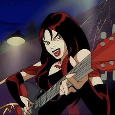 an animated image of a woman playing a guitar