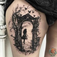 Dark Woods Tattoo, Tattoos About Dreaming, Surrealism Tattoo Ideas Creative, Cute Black Tattoos For Women, One Dark Window Tattoo, Fantasy World Tattoo, Secret Garden Tattoo Ideas, Fantasy Tattoos Magic, Fairy Door Tattoo