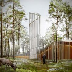 an artist's rendering of a building in the woods with deer grazing on the ground