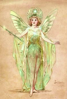 a drawing of a woman dressed as a fairy holding a wand and wearing a green dress