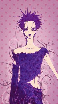 a drawing of a woman with purple hair and an artistic design on her chest, in front of a polka dot background