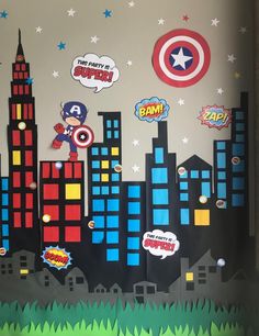 this is an image of a door decorated with superheros and captain america stickers