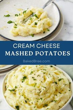 two plates with mashed potatoes on them and the words cream cheese mashed potatoes