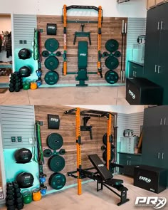 the gym equipment is neatly organized and ready to be used by someone in their home