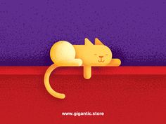 a yellow cat laying down on top of a red surface with purple background and text