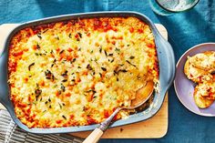 a casserole with cheese and vegetables on a table