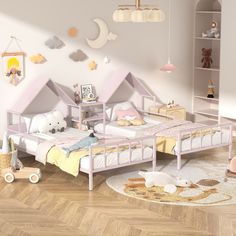 a child's bedroom with pink and white furniture