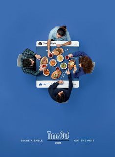 three people sitting at a table with food in front of them and the words time out on it