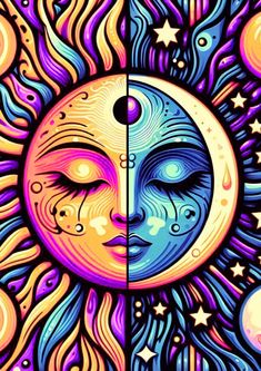 the sun and moon are painted in different colors