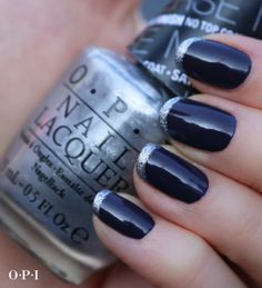 A blue sparkley French manicure! Blue Nails With Silver Tips, Nails With Silver French Tip, Gray French Manicure, Dark Blue Nails With Silver, Nails With Silver Tips, French Manicure Blue, Nails French Blue, Silver Tip Nails, Gel Manicure Diy