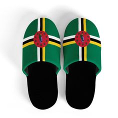 Our favorite Dominica Flag cozy house slippers are made for weekends and nights in! These closed-toe cozy slippers feature a slip-on design that allows for easy wear while also pairing well with all of your favorite relaxed outfits from shorts and joggers to suit your at-home aesthetic. This soft & cozy style also features an antislip rubber sole for easy indoor & outdoor wear. These shoes are the perfect way to end a long day or the perfect way to start a new one. You decide! Features: * Cotton Comfortable Indoor Slip-on Slides, Casual Slip-on Platform Slippers For Indoor, Comfortable Slip-on Leisure Slippers, Comfortable Green Indoor Slippers, Casual Scuff Slippers For Lounging, Comfy Super Soft Slippers For Leisure, Casual Lounging Scuff Slippers, Casual Super Soft Slippers For Leisure, Super Soft Casual Slippers For Leisure