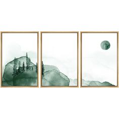 three framed paintings with trees and mountains in the background, each one has a green watercolor