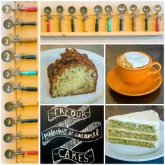 a collage of photos with different types of cakes and desserts on them, including cake servers