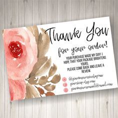 a thank card with watercolor flowers on it and the words, thank you for your order