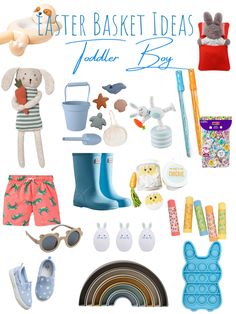 the easter basket ideas for toddler boy is shown in blue and white, including bunny shoes