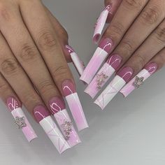 ig: _grabbersbydrea Pink Pastel Nails, Long Gyaru Nails, Nail Ideas Y2k Long Pink, Pink Acrylic Nails Coffin Kawaii, Nail Rhinestones, Silver Nail, Halloween Acrylic Nails, Nail Beauty, Goth Nails