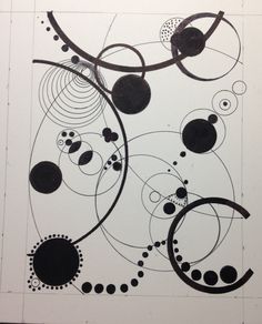 black and white art work with circles and dots on the bottom half of the image