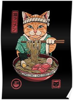 a cat eating ramen with chopsticks poster