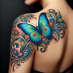 the back of a woman's shoulder with a blue butterfly on it