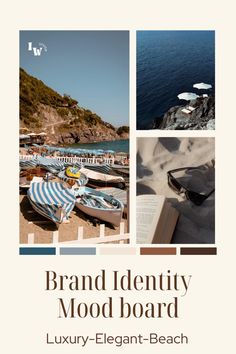 the cover of brand identity mood board by luxury - elegant - beach, featuring boats and umbrellas