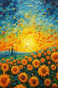 a painting of sunflowers and a man standing in the middle of it with an orange sky