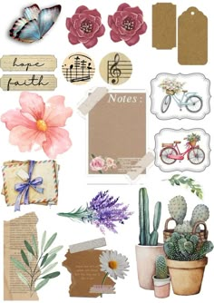 a bunch of different items that are on top of a paper sheet with words and flowers