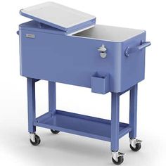 a blue cart with a cooler on wheels