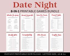 the printable game bundle for date night is shown in red and white, with eight different