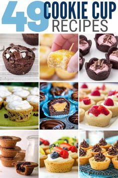 there are many different desserts and cupcakes in this collage with the words, 39 cookie cup recipes