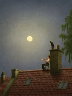 a cat sitting on top of a roof next to a man playing the lute