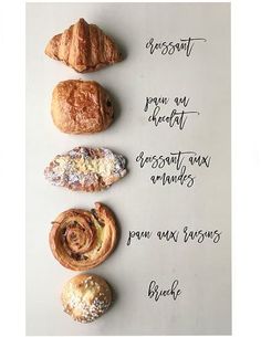 four different types of bread and pastries on a sheet of paper with words written in cursive writing