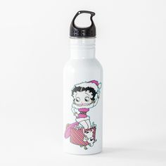 a white water bottle with an image of a woman on it