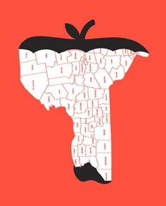 an apple shaped like the state of texas with black and white outline on red background