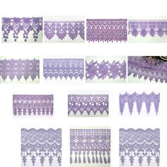 several different types of crochet laces on white background, each with purple colors