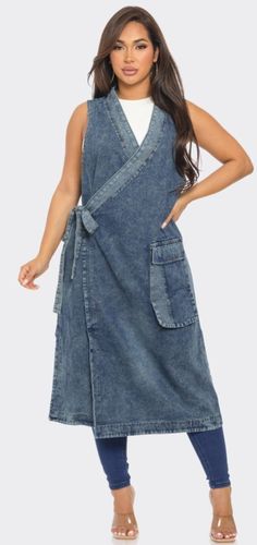 Denim wrap dress. Sleeveless. Cargo pocket on one side and regular pocket on the other side. Splits on both sides at bottom hem. Denim Wrap Dress, Wrap Dress Sleeveless, Side Splits, Cargo Pocket, Pocket Dress, Dress Sleeveless, Denim Vest, Vest Dress, Xl Dress