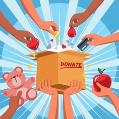 several hands reaching for an apple out of a donation box