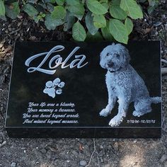 a memorial plaque with a dog's name and paw prints on it, in front of some plants