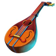 an orange and blue instrument with two strings on it's neck, sitting in front of a white background