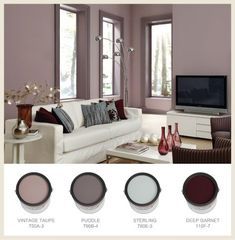 the living room is painted in shades of purple and white, while the other colors are red