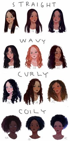 the different types of hair are shown in this drawing style, and each has different colors