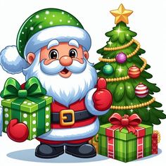 a cartoon santa claus holding a gift near a christmas tree