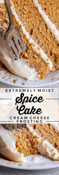 two slices of cake sitting on top of each other with the words extremely moist spice and cake