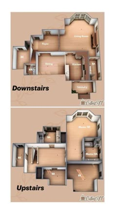 the floor plan for a house with two separate rooms and one upstairs room on each side