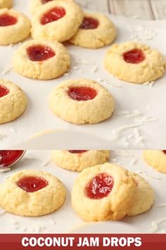 coconut jam drop cookies on a baking sheet