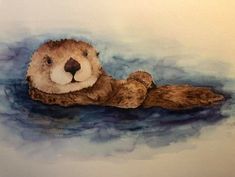 a watercolor painting of an otter swimming