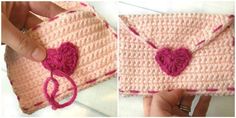 crocheted pink and white purse being held by someone's hand while they both have their hands together