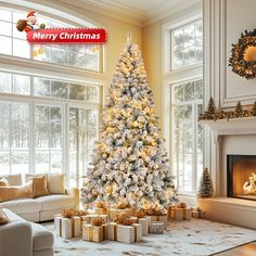 a living room with a christmas tree in the corner and presents on the coffee table