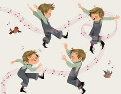 the boy is dancing with music notes in his hands and birds flying around him,