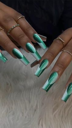 Green Ombre French Nails, Double Ombré Nails, Teal Ombre Nails, Teal Acrylic Nails, Ombré French, Ombre French Nails, Jade Nails, Bookish Tattoos, March Nails